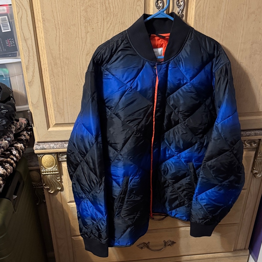 Stylish Men's Black and Blue Puffer with Orange inside Jacket